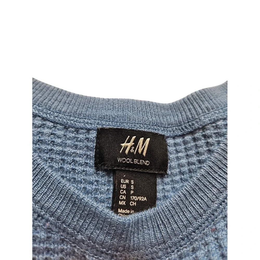 HM Mens Wool Blend Waffle Knit Sweater Blue Long Sleeve Athletic Stripe Cuffs S